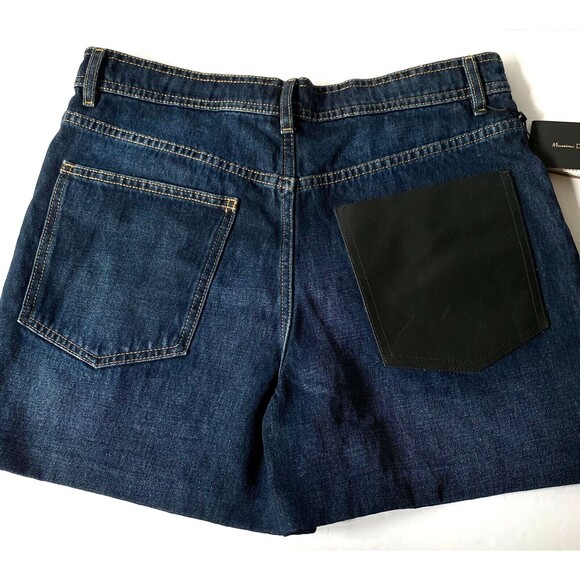 Massimo Dutti Denim Shorts 10 Blue Dark Wash Button Fly Faux Leather Pocket NWT - Picture 2 of 16